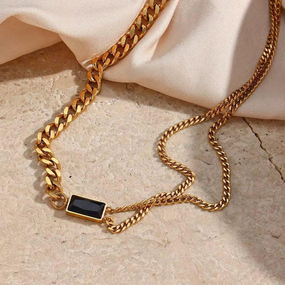 18K Gold Plated Onyx Baguette Dual Chain Necklace - Picture 4 of 8